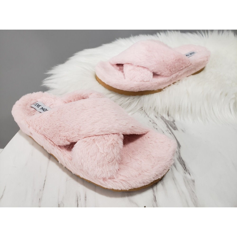 NEW NO BOX US 7 / EURO 37 PINK Steve Madden Faux‎ Fur SLIPPERS HOUSE SHOE SLIDE